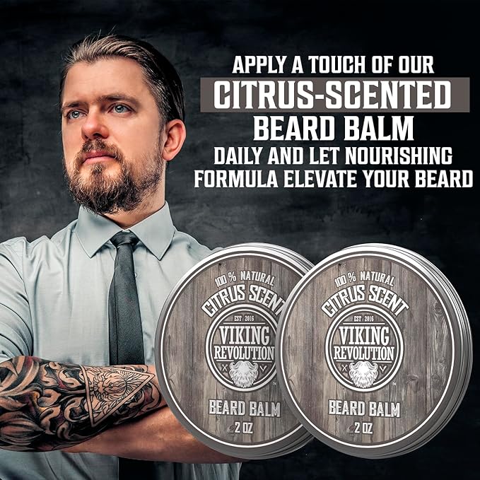 Viking Revolution Citrus Beard Balm - Beard Butter with Argan Oil, Beard Softener for Men with Jojoba Oil - Beard Moisturizer for Men with Beeswax - Beard Wax for Men with Mango Butter (2oz, 2 Pack)