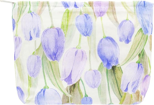 PAZIMIIK Floral Makeup Bag Large Cotton Zipper Pouch for Purse Travel Canvas Make Up Organizer for Women Cosmetic,Tulip Purple