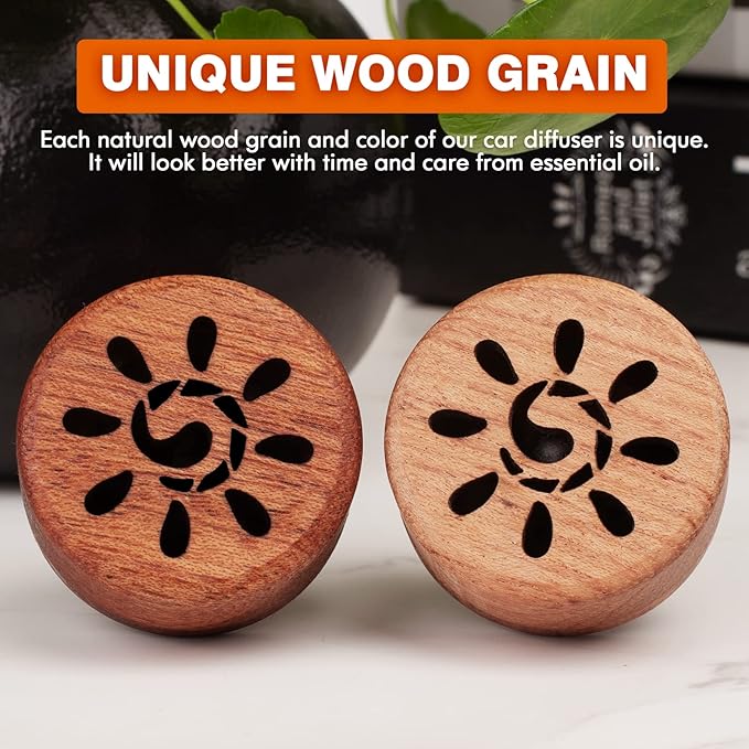 Essential Oil Car Diffuser, 2 PCS Sunshine Car Aromatherapy Sun Wood Diffuser with Vent Clip