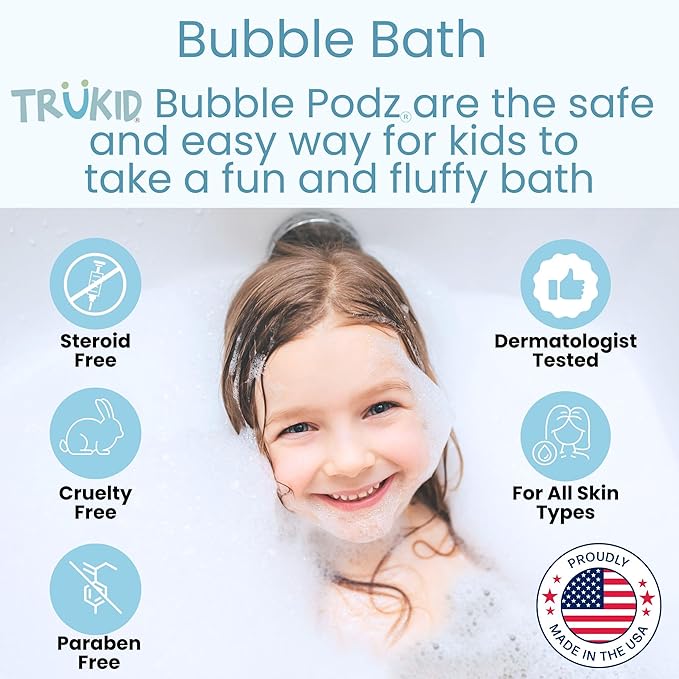 TruKid Bubble Podz Bubble Bath for Kids, Toddlers, & Babies, Tear Free Gentle & Refreshing Bath Bomb for Sensitive Skin with Natural Moisturizers, Non-Toxic, pH Balanced, Cherry Scent (60 Podz)
