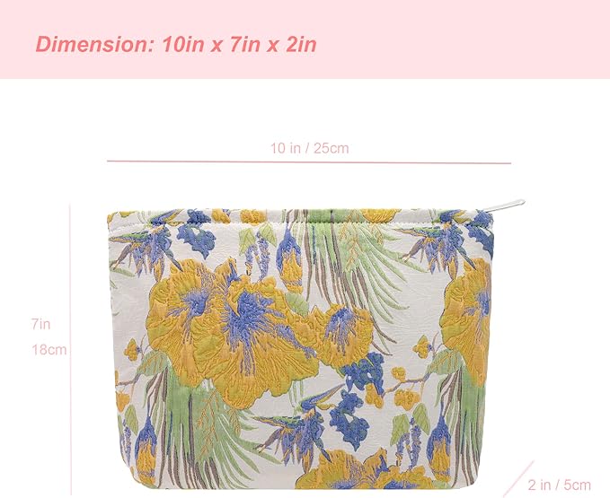 Makeup Bags for Purse Zipper Cosmetic Pouch Large Travel Canvas Make Up Organizer Tool Pouch for Women and Girls,Brocade Flower Yellow