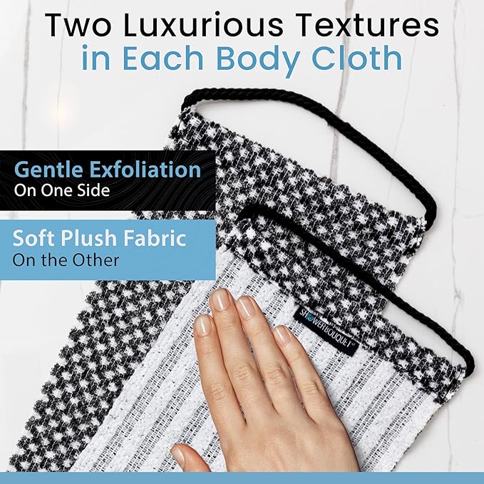 Japanese Exfoliating Washcloth for Back & Body 2-Pack - Charcoal & Silver Ion Exfoliating Towel with Handles - Two-Sided Gentle Exfoliation & Deep Cleanse Body Wash Cloths for Shower - 2 White