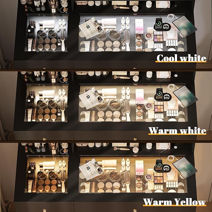 40" Vanity Desk with Large Mirror and Lights, Modern Glass Top Makeup Vanity Set with Power Outlet, Drawers and Cabinet, 3 Lighting Color Adjustable Dressing Table for Bedroom, Black