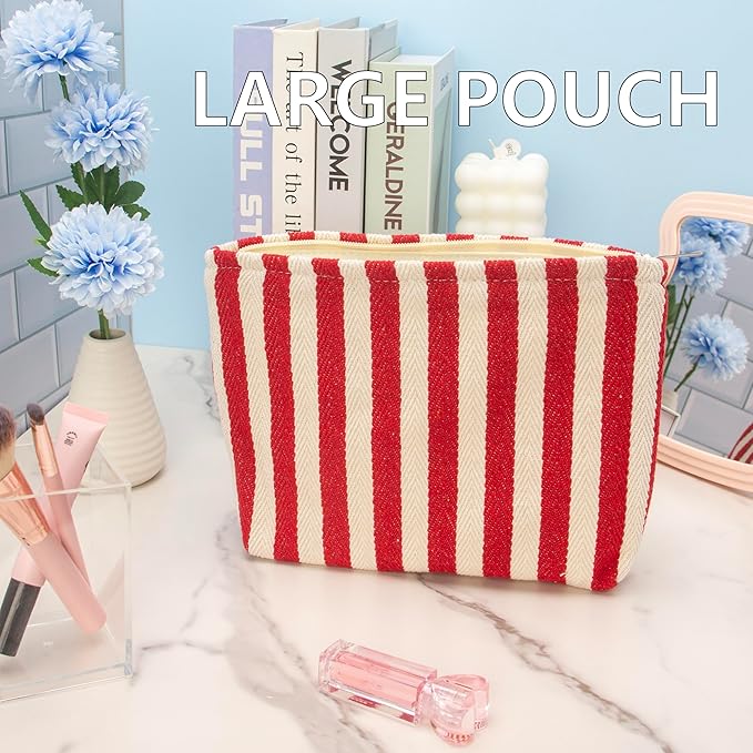 PAZIMIIK Makeup Bag Large Cotton Zipper Pouch for Purse Travel Canvas Make Up Organizer for Women Cosmetic,Stripe Red