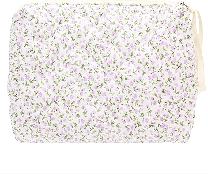 PAZIMIIK Quilted Makeup Bag Large Travel Zipper Soft Cosmetic Pouch for Women Girls Make Up,Floral Purple