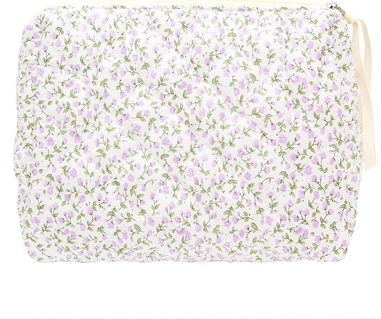 PAZIMIIK Quilted Makeup Bag Large Travel Zipper Soft Cosmetic Pouch for Women Girls Make Up,Floral Purple