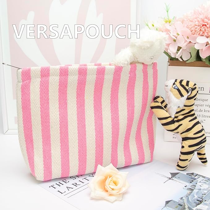 Makeup Bag Large Cotton Zipper Pouch for Purse Travel Canvas Make Up Organizer for Women Cosmetic,Stripe Pink