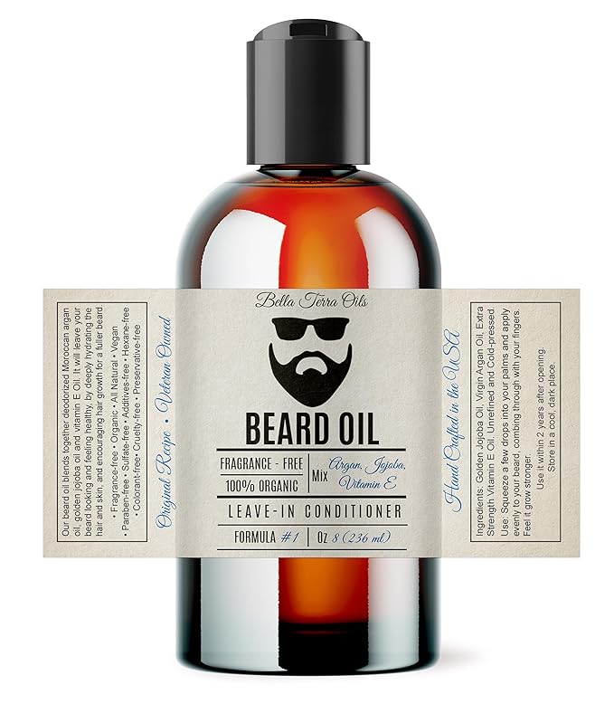 Bella Terra Oils - Beard Oil 8oz - A Luxurious Blend of Natural Organic Vitamin E, Organic Jojoba & Argan Oils, The Ultimate Beard Softener, Vintage Elegance in Every Drop