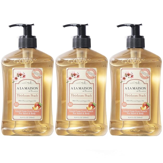 A LA MAISON French Liquid Hand Soap, Heirloom Peach - Natural Hand Wash Made with Essential Oils - Biodegradable, Plant-Based, Vegan, Cruelty-Free, Alcohol & Paraben Free (16.9 oz, 3 Pack)
