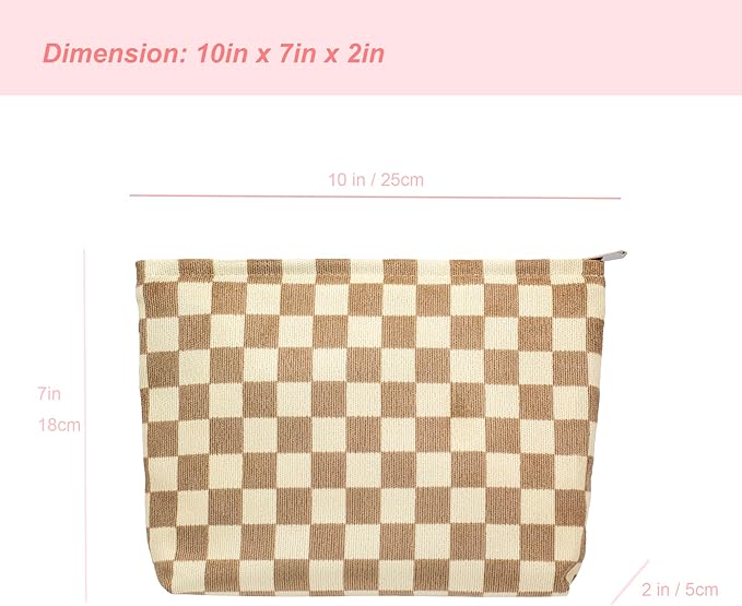 PAZIMIIK Makeup Bag Large Zipper Corduroy Make Up Pouch for Purse Travel Canvas Cosmetic Organizer for Women Brush Storage,Checkered Light Brown