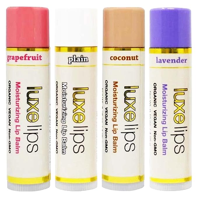 Luxe Beauty No-Beeswax, No-Petroleum Organic Lip Moisturizer for Very Dry Lips - Lip Care for Sun/Wind Damage, Dryness, and Chapping – 4-Pack Hydrating Lip Care Products That Work Over/Under Lipstick