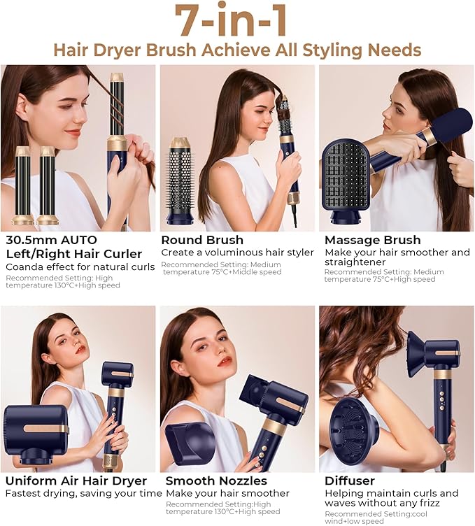 7 in ONE Hair Dryer Brush, Powerful Blow Dryer Brush with Auto- Wrap Curler, Detachable Fast Drying, Volumizing, Curling, Straightening, Ionic Hair Dryer with Diffuser, Hair Styling Tools 100-120V
