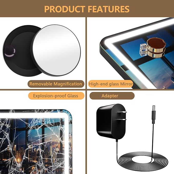 Hasipu Vanity Mirror with Lights and Bluetooth Speaker, 32" x 21.7" LED Makeup Mirror, Lighted Makeup Mirror with Dimmable 3 Modes, USB Charging Port, Round Black