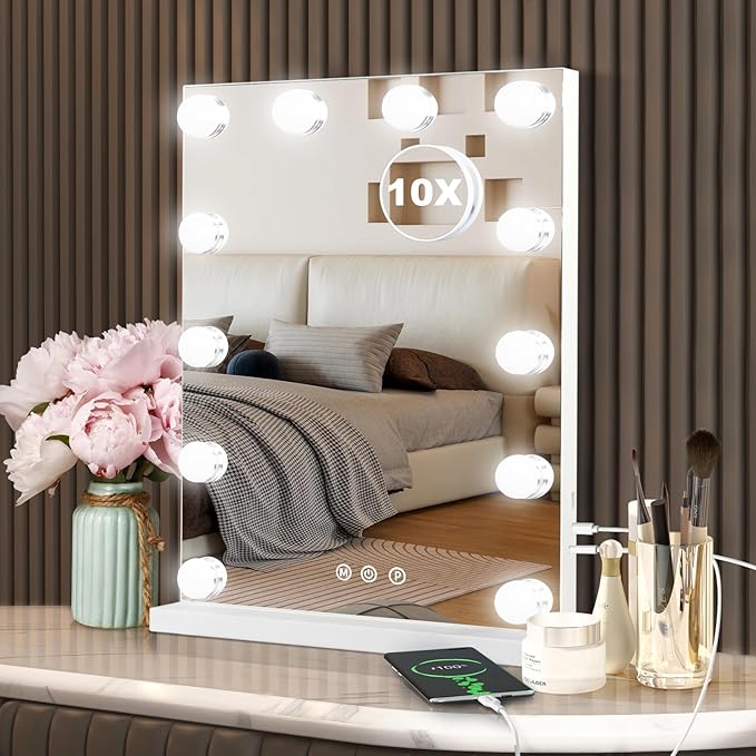 Hollywood Vanity Mirror with Lights, 12 Dimmable Bulbs, 3 Color Lights,Make Up Lighted Mirror, Aluminum Metal Frame, USB Charging Port（14" x 18"）
