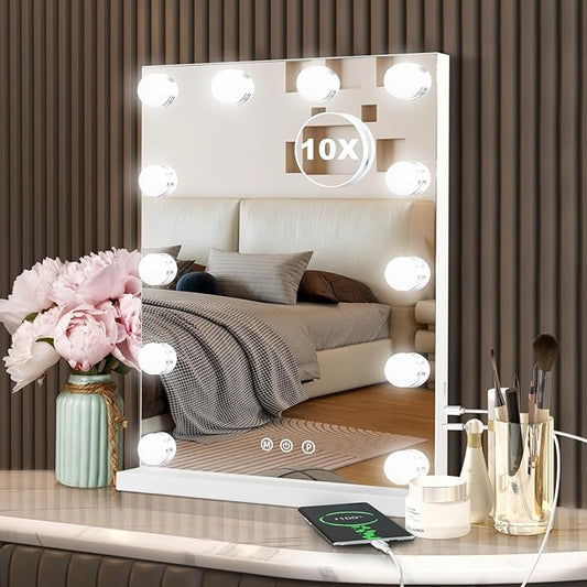 Hollywood Vanity Mirror with Lights, 12 Dimmable Bulbs, 3 Color Lights,Make Up Lighted Mirror, Aluminum Metal Frame, USB Charging Port（14" x 18"）