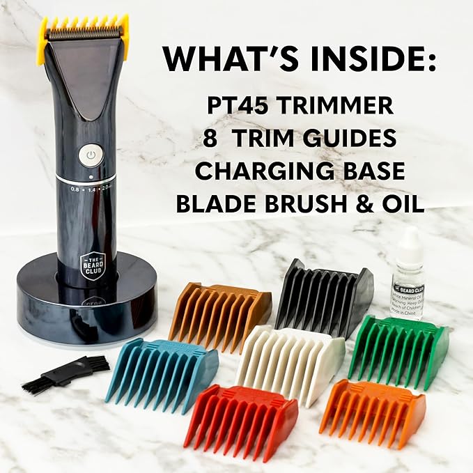 The Beard Club Beard Trimmer for Men - Electric Cordless Rechargeable Beard & Hair Trimmer - High Power 7000 RPM - 8 Color Guides 45 Unique Trim Lengths - Travel Lock