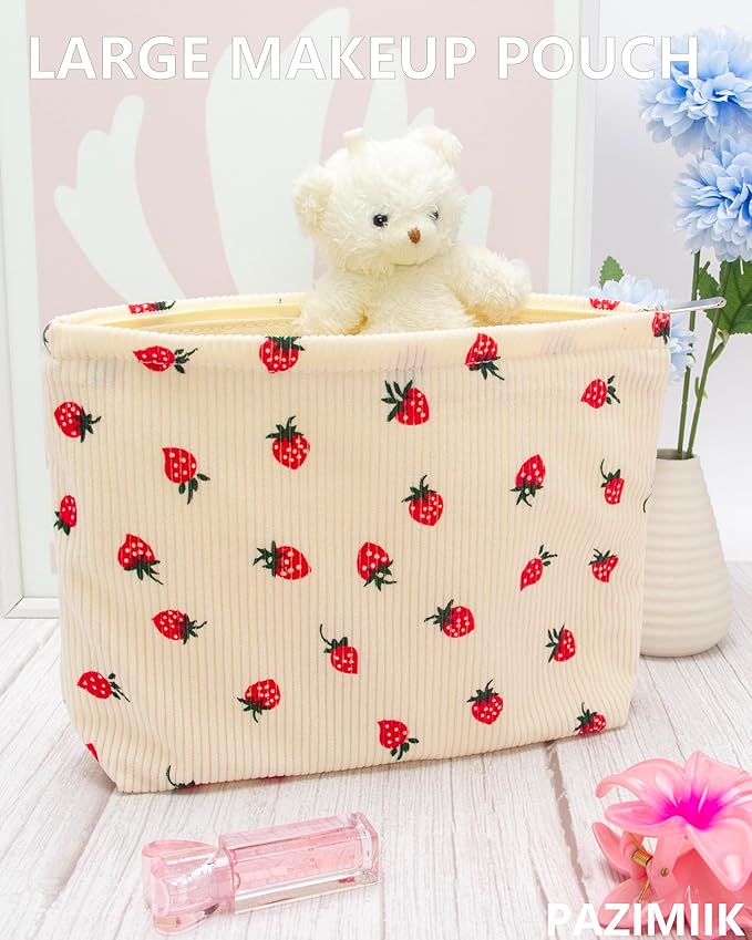 PAZIMIIK Makeup Bag Large Cotton Zipper Pouch for Purse Travel Canvas Make Up Organizer for Women Cosmetic,Strawberry Beige