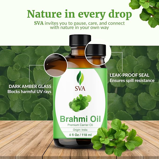 SVA Brahmi Oil - 4 Fl Oz – 100% Natural Cold Pressed Brahmi Oil - for Face, Skin Care, Hair Care, Scalp Massage & Body Massage – Carrier Oil with Dropper