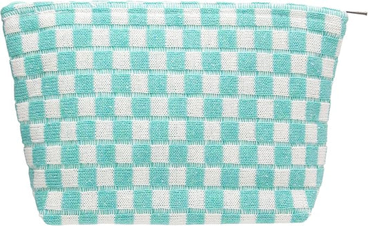 PAZIMIIK Knitted Checkered Makeup Bag Large Zipper Make Up Accessory Pouch for Purse Cosmetic Brush Bag for Travel Essential Arctic Blue