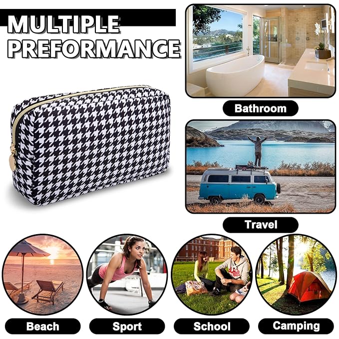 Small Makeup Bag Pouch for Purse，Nylon Travel Toiletry Storage Bag Cute Houndstooth Cosmetic Bag for Women Girls，Waterproof Makeup Organizer Bag Pouch Skincare Bag with Zipper (Small-Houndstooth)