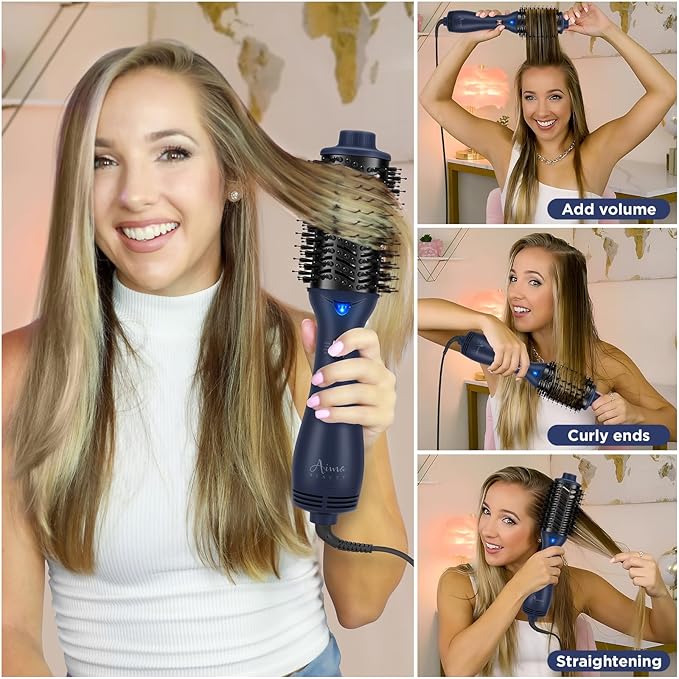 One Step Hair Dryer & Volumizing Brush, Aima Beauty Hair Styling Tool - Ceramic Straightener, Curler, Hot Air Styler & Ionic Salon Brush, Prussian Blue