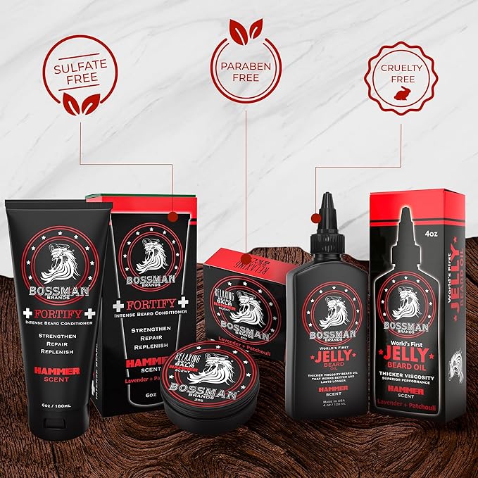 Bossman Essentials Beard Kit - Made in USA - Jelly Beard Oil - Conditioner - Beard Balm - Natural Ingredients (Hammer Scent)