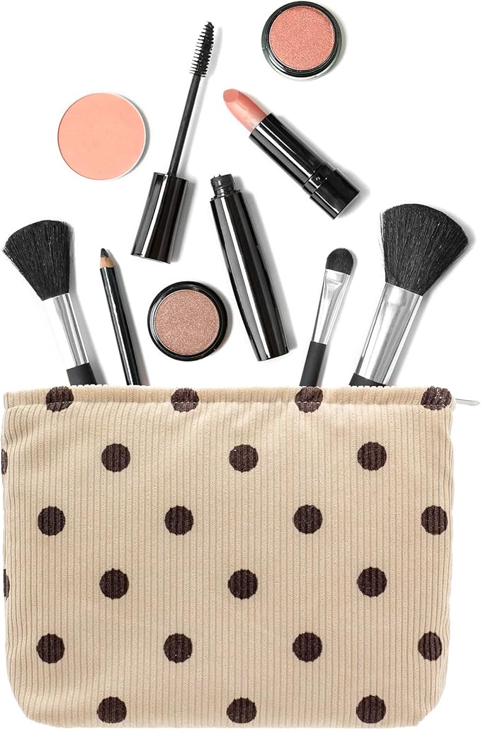 PAZIMIIK Makeup Bag Large Zipper Corduroy Make Up Pouch for Purse Travel Canvas Cosmetic Organizer for Women Brush Storage,Polka Dot Beige