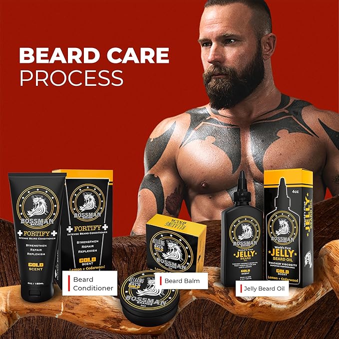 Bossman Essentials Beard Kit for Men - Beard Oil Jelly, Fortifying Conditioner Cream, Beard Balm - Grooming Growth Care Accessories (Gold)