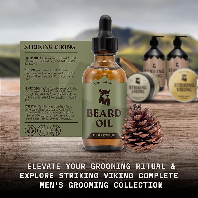 Striking Viking Beard Oil for Men - 2 Fl Oz, Cedarwood Scent - Beard Growth & Conditioning with Argan, Almond Plus Tea Tree Oil & Jojoba Oil for Beard Growth - Softener & Moisturizer