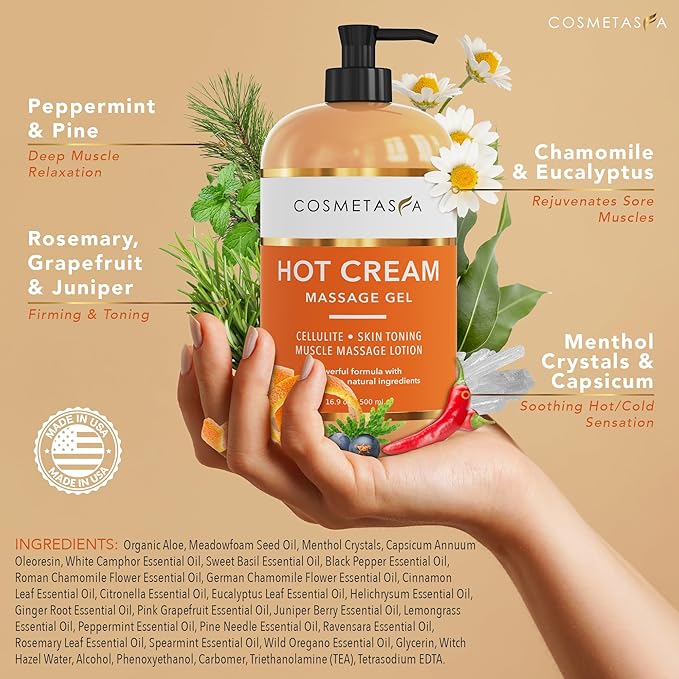 Cellulite Massage Oil & Hot Cream - 100% Natural Cellulite Oil & Gel, Highly Absorbable, Firm, Tone, Tighten & Moisturize Skin - Soothes Muscles (16.9 Fl Oz Each Bottle)