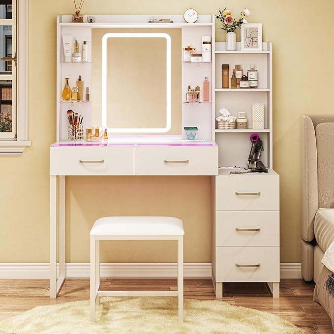 Vanity Desk with Mirror and LED Lights, 43" Makeup Vanity with Glass Top & Wireless Charging, Vanity with RGB Drawers, 3 Colors Light, Power Outlet Safety Switch for Bedroom, White