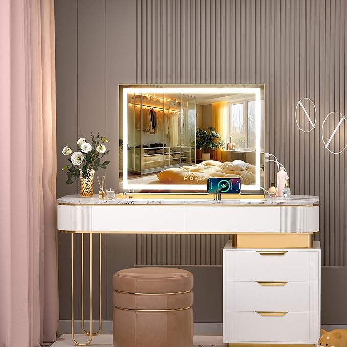 Hasipu Vanity Mirror with Lights, 40" x 30" LED Makeup Mirror, Lighted Makeup Mirror with Dimmable 3 Modes, Touch Screen Control Vanity Mirror Square Gold