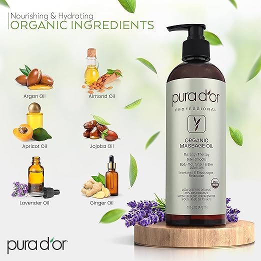 PURA D'OR 16 Oz ORGANIC Massage Therapy Oil USDA Certified Almond, Apricot, Argan, Ginger, Jojoba, Lavender Oils For Silky & Softer Skin - Body Moisturizer & Skin Lubricant - Aromatherapy & Relaxation