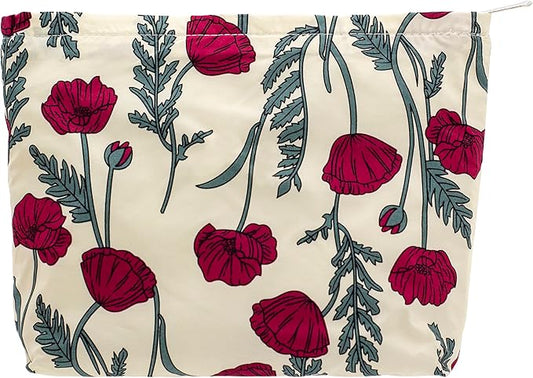 PAZIMIIK Floral Makeup Bag Large Cotton Zipper Pouch for Purse Travel Canvas Make Up Organizer for Women Cosmetic,Poppy Beige