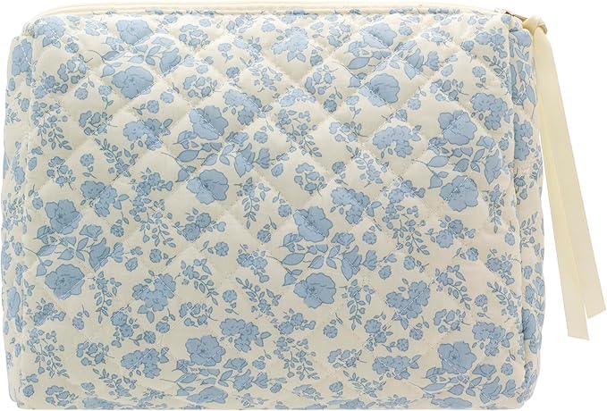 PAZIMIIK Quilted Makeup Bag Large Travel Zipper Soft Cosmetic Pouch for Women Girls Make Up,Little Flower Blue