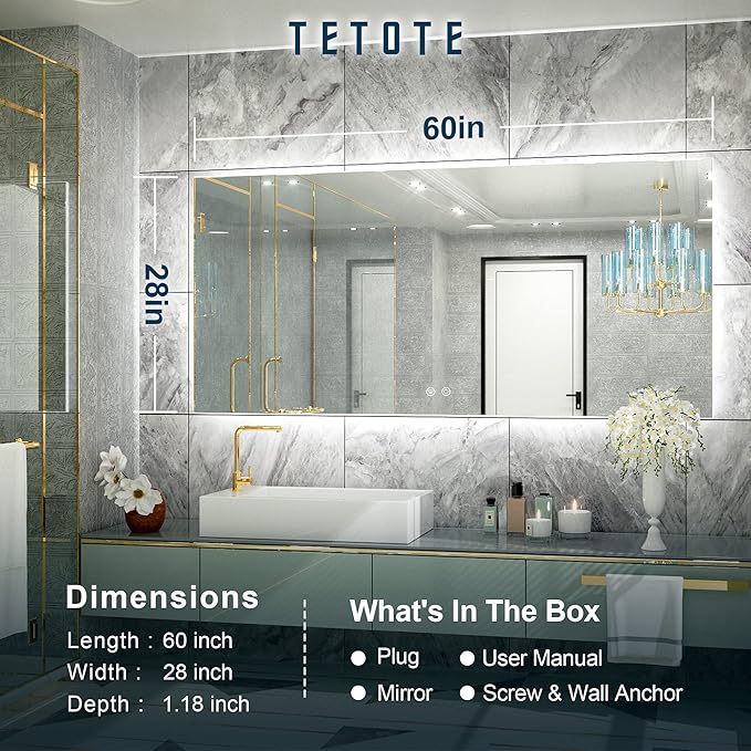 TETOTE 60 x 28 Inch LED Backlit Mirror with Light Bathroom Vanity Lighted Mirror,Anti-Fog,Dimmalbe,CRI90+,Waterproof,Wall Mounted
