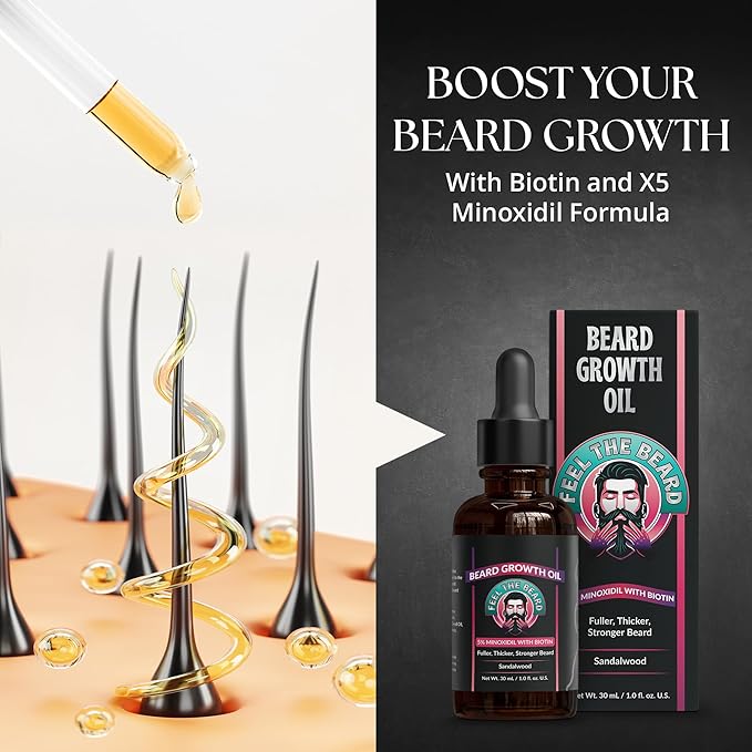 Beard Growth Oil For Men - 5% Minixodil Biotion Pumpkin Seed & Argan Oil DHT Blocker - 30 ml 1.0 fl oz - Sandal Wood Scent - Strengthen Softner Moisturizer Full Beard