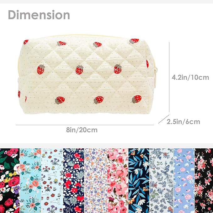 PAZIMIIK Vintage Quilted Makeup Bag Cosmetic Pouch for Brushes Pencils and Travel Make Up Accessories for Women and Girls Gauze Strawberry