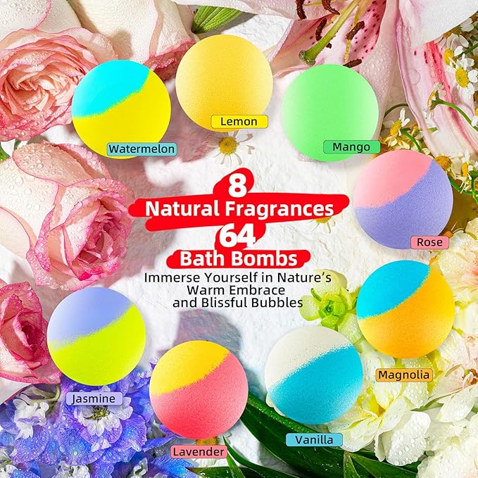 64 Pack Natural Bath Bombs Bulk Set – 8 Scents, Organic Ingredients, Long-Lasting Bubbles, Relaxing Gifts for Women & Men, Self-Care, Birthday, Christmas & Stocking Stuffers