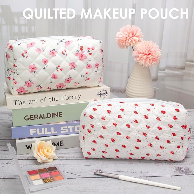 PAZIMIIK Vintage Quilted Makeup Bag Cosmetic Pouch for Brushes Pencils and Travel Make Up Accessories for Women and Girls Strawberry