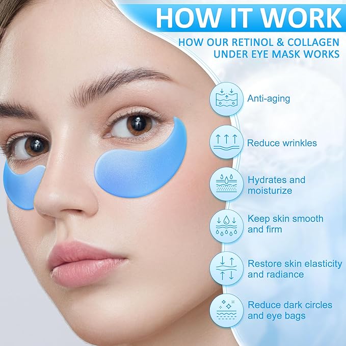 Under Eye Patches for Puffy Eyes: 30 Pairs Retinol Collagen Eye Gels Pads - Reduce Wrinkles, Puffy Eyes, Eye Bags - Skin Treatment Mask with Retinol Collagen - Anti Aging & Face Moisturizer