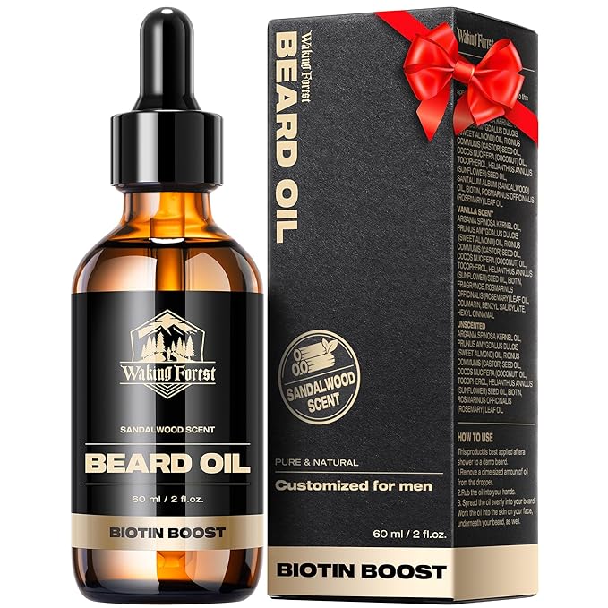 Waking Forest Beard Growth Oil - Biotin Sandalwood Oil with Vitamin E, Rosemary & Castor for Thicker, Softer, Stronger Beards (2oz)