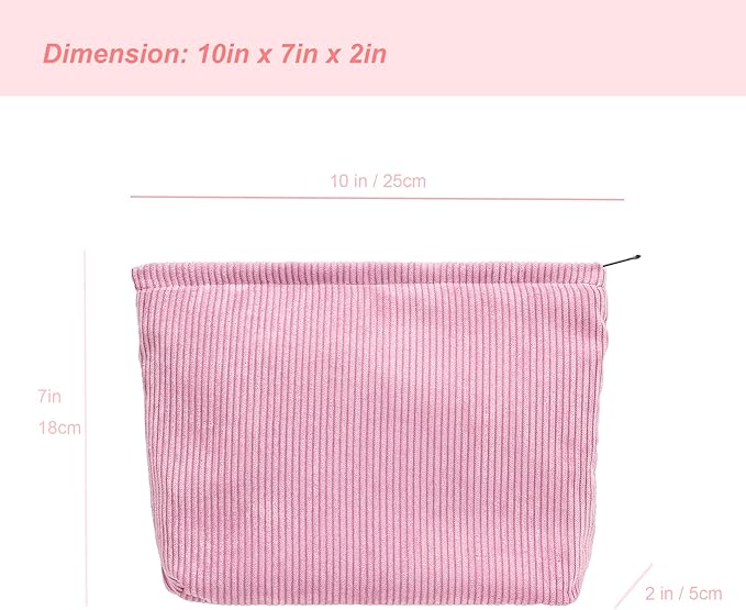 PAZIMIIK Makeup Bag Large Zipper Corduroy Make Up Pouch for Purse Travel Canvas Cosmetic Organizer for Women Brush Storage,Pink