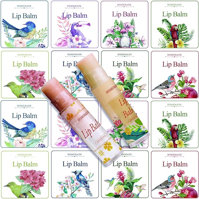 CRASPIRE Lip Balm Labels 80pcs Homemade Lip Balm Labels 2” Clear Lip Balm Labels for Tubes Printable Waterproof Lip Balm Stickers Labels for Lip Balm Handcream Candle Container（Flowers and Birds）