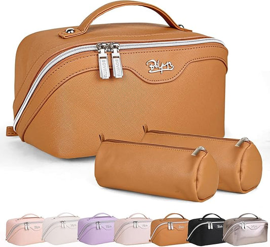 BOYATU Travel Makeup Bags for Women: Vegan Leather Cosmetic Bag Set of 3 - Large Capacity Make up Bag with Divider - Wide Open Waterproof Toiletry Organizer Bag with Handle (05-Brown)