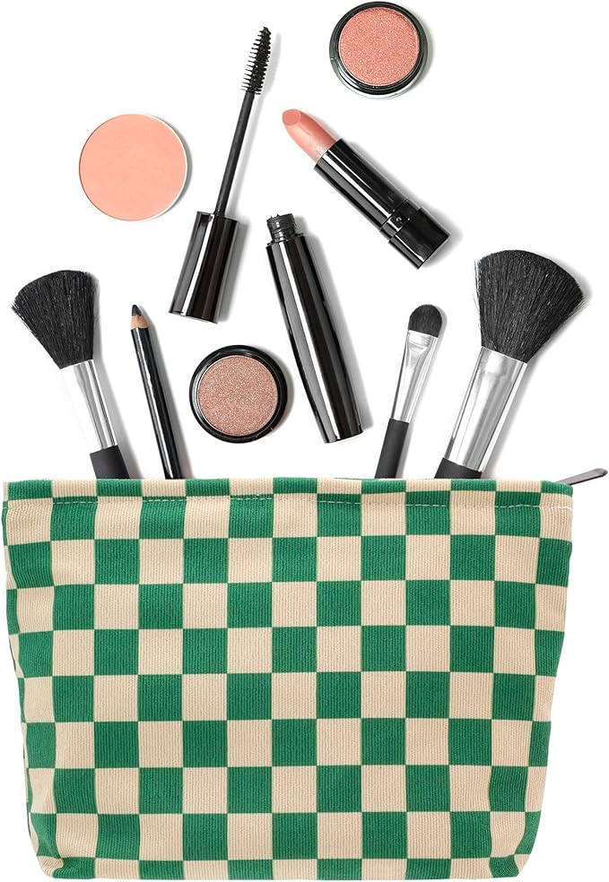PAZIMIIK Makeup Bag Large Zipper Corduroy Make Up Pouch for Purse Travel Canvas Cosmetic Organizer for Women Brush Storage,Checkered Green