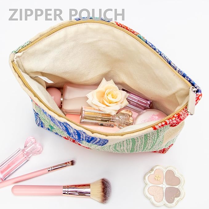 PAZIMIIK Makeup Bag Large Cotton Zipper Pouch for Purse Travel Canvas Make Up Organizer for Women Cosmetic,Linen Colorful