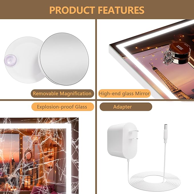 Hasipu Vanity Mirror with Lights and Bluetooth Speaker, 42" x 29.5" LED Makeup Mirror, Lighted Makeup Mirror with Dimmable 3 Modes, Touch Screen Control Vanity Mirror Square White