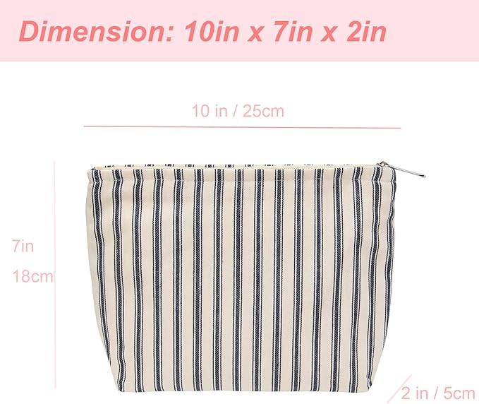 PAZIMIIK Makeup Bag Large Cotton Zipper Pouch for Purse Travel Canvas Make Up Organizer for Women Cosmetic,Vintage Stripe Navy Blue