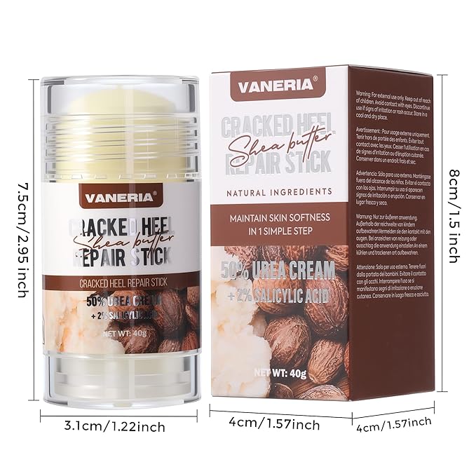 VANERIA Cracked Heel Repair Stick,Heel Balm for Dry Cracked Feet Treatment with Shea Butter & Coconut Oil,Deeply Moisturize & Soften Feet,Exfoliates Dead Skin 40g(Shea Scent)